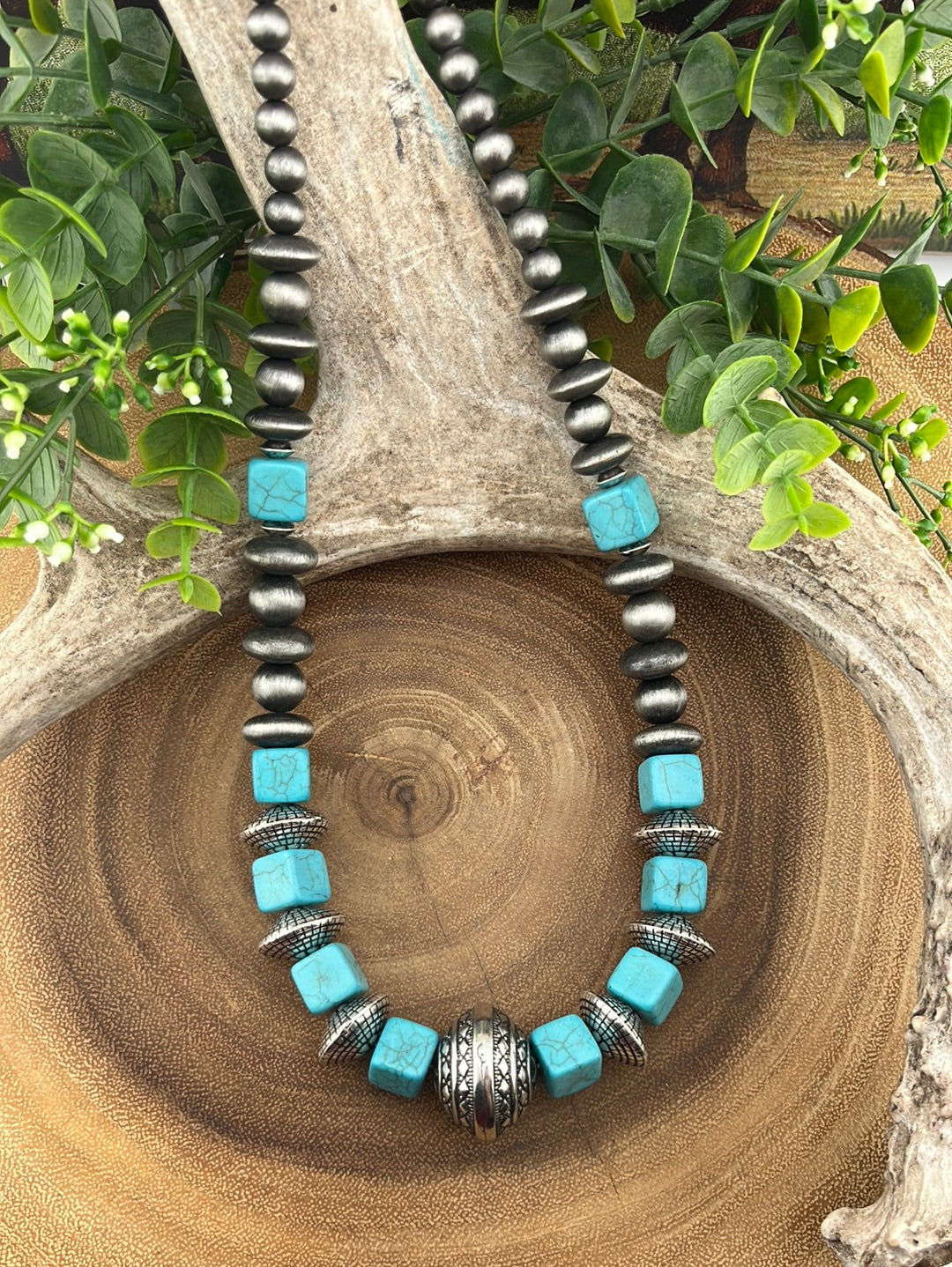 Claudia Large Bead Cube Fashion Silver & Navajo Pearl Necklace - Turquoise