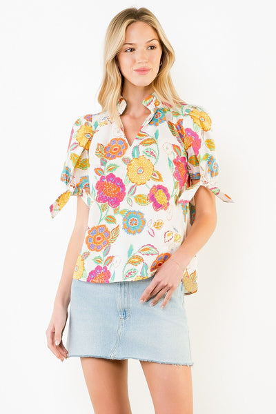 Short Sleeve Floral Pattern V-neck Top