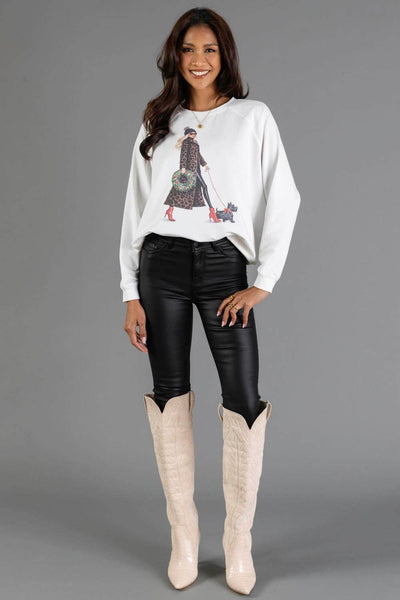 Girl Walking Dog with Christmas Wreath Sweatshirt