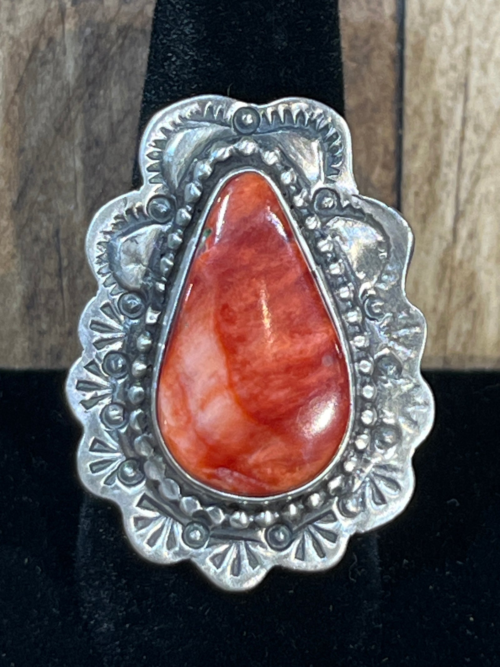 Boba Sterling Framed Red Spiny Oyster Teardrop Ring - Adjustable