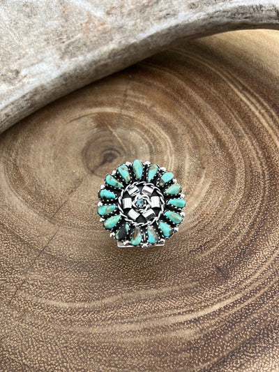 Dandelion Curved Sterling Zuni Cluster Ring - Turquoise