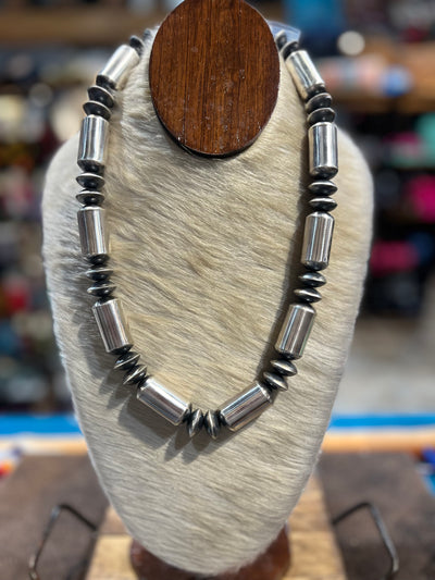 Naomi Stamped Sterling Silver Barrel Bead & Saucer Bead Necklace & Earring Set