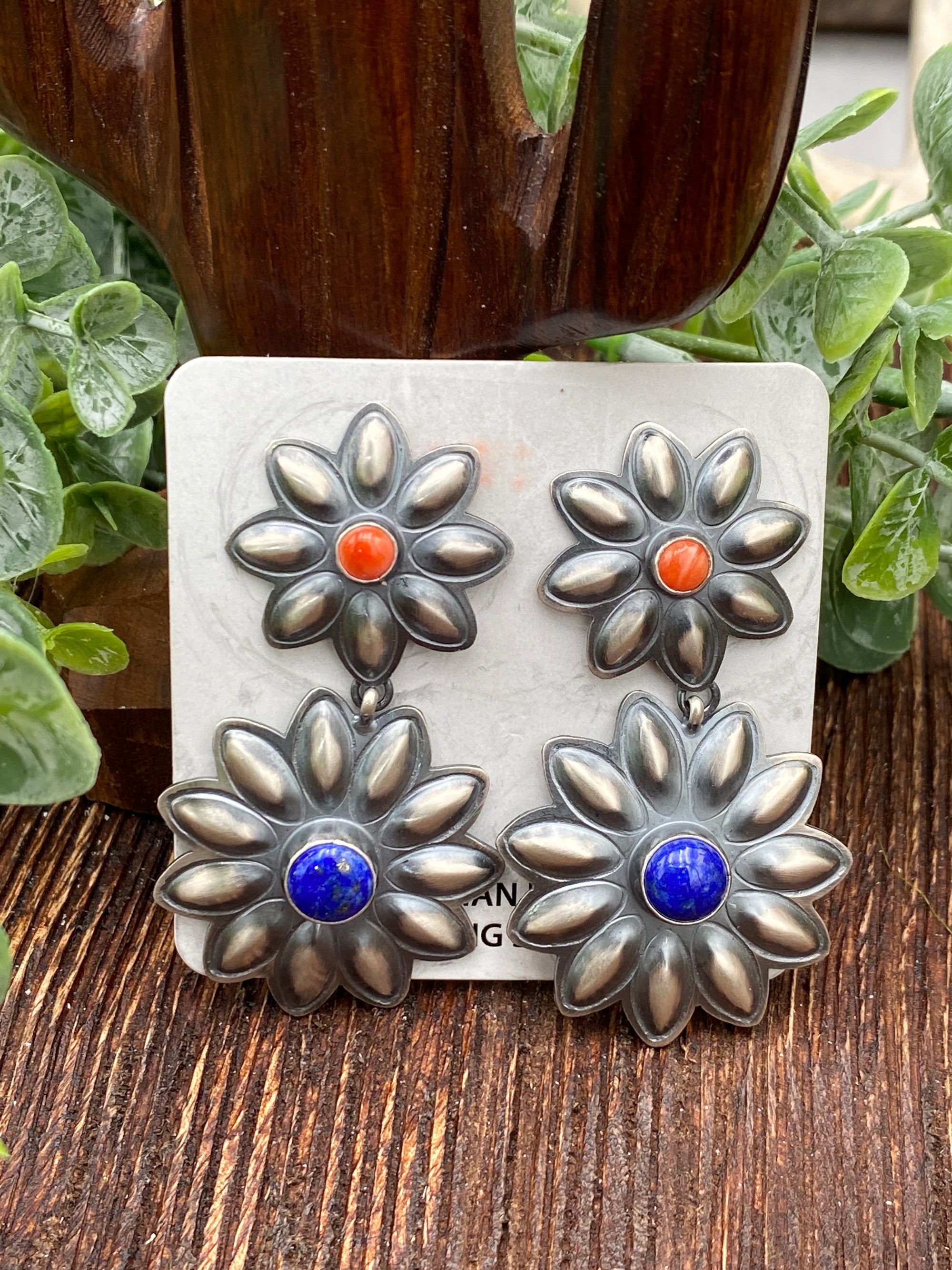 Double Flower Sterling Lapis & Spiny Earrings