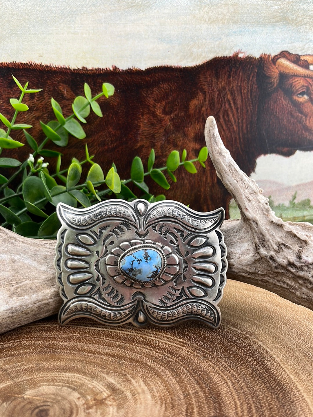 Dakota Sterling Silver and Golden Hills Turquoise Stamped Belt Buckle