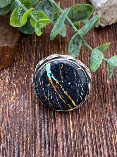 Bristol Twist Framed Sterling Round Blackjack Turquoise Stone Ring - Adj