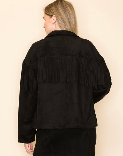 Black Fringe Cross Stitched Western Jacket