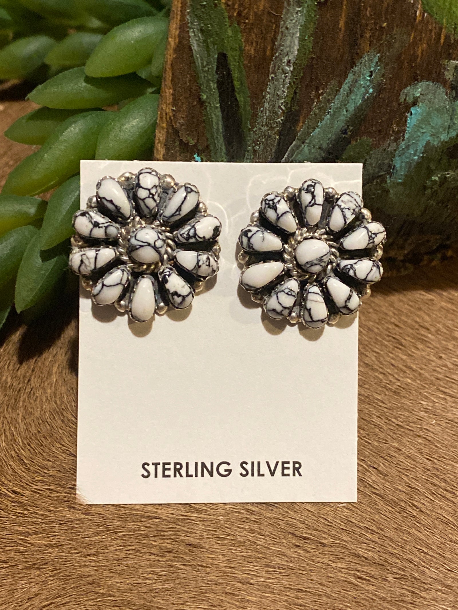 Bandit White Buffalo Cluster Sterling Earrings - .8"