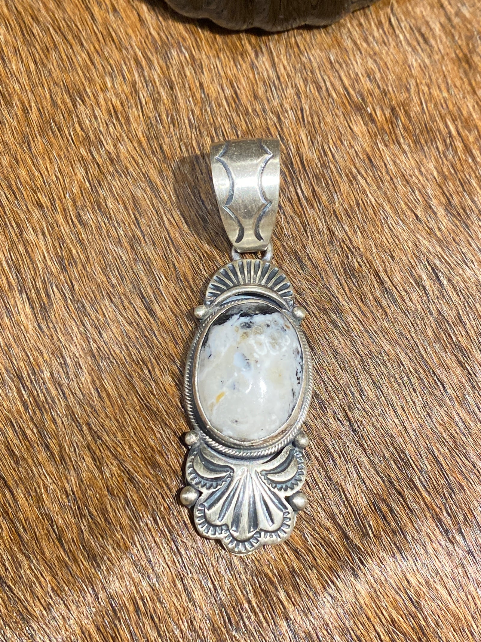 Jerico Sterling Framed White Buffalo Oval Stone Pendant