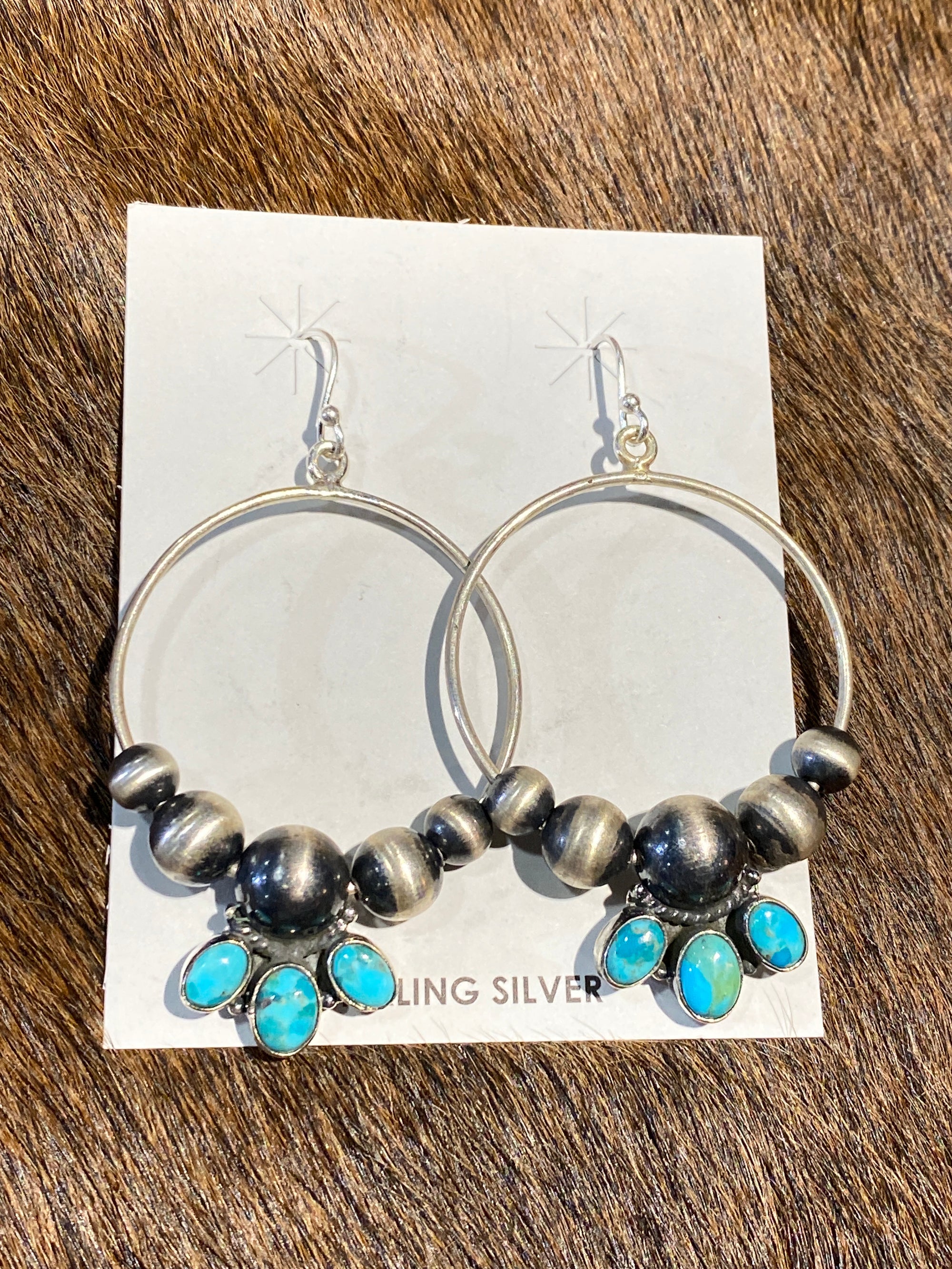 Brant Sterling Wire Hoop Earrings With Navajo Beads & 3 Stones - 1.25"