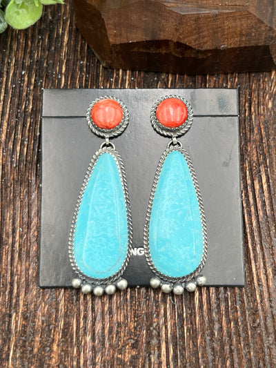Bluster Round Spiny Post Turquoise Drop Sterling Earrings