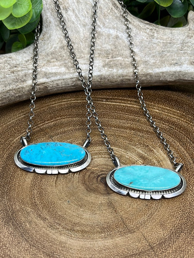 Avery Notched Sterling Kingman Turquoise Oval Necklace