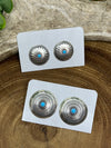 Viking Smooth Edge Concho Stud Earrings With Center Stone - Turquoise