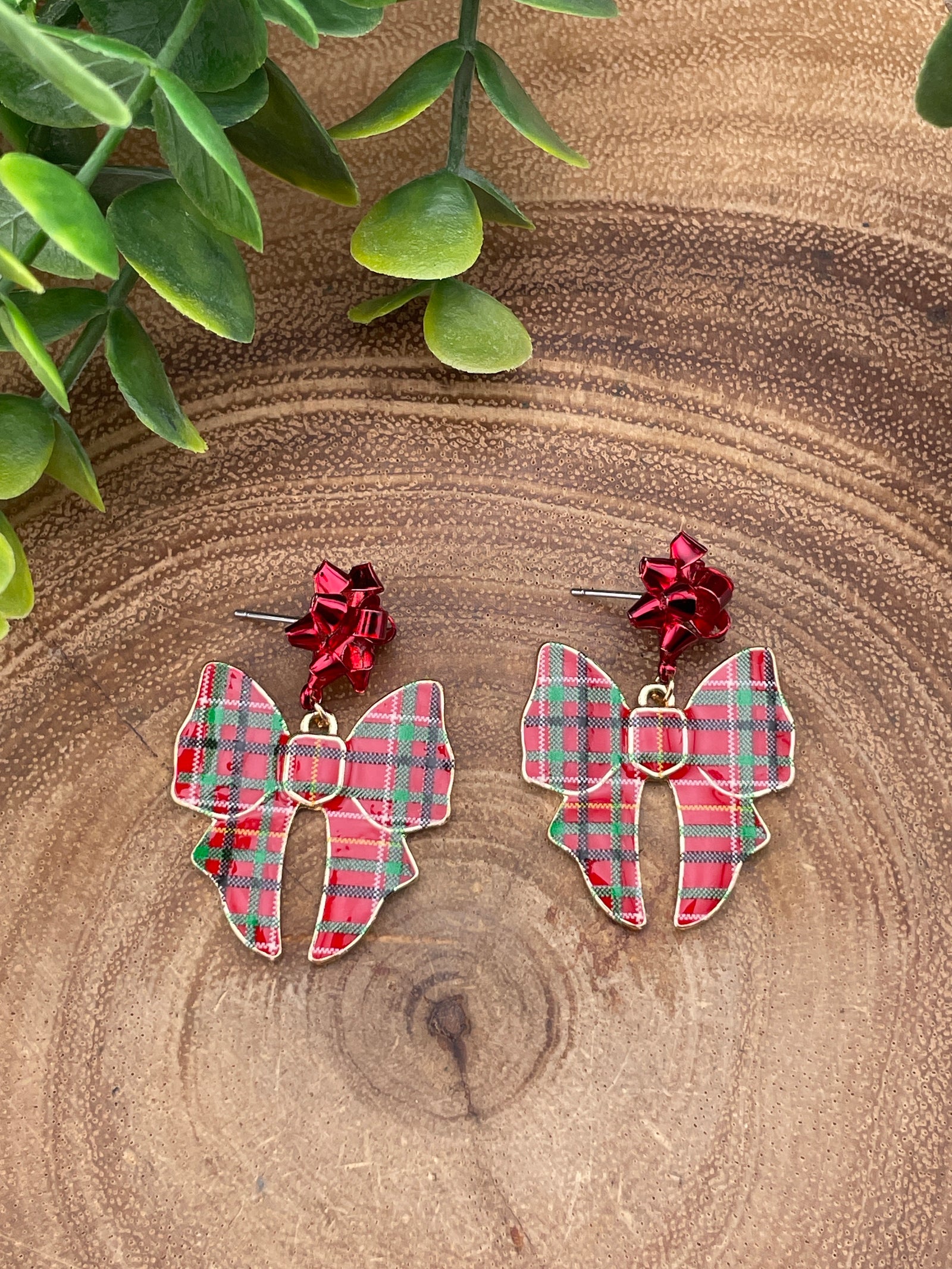 Red & Green Enamel Bow Earrings - 1.5"