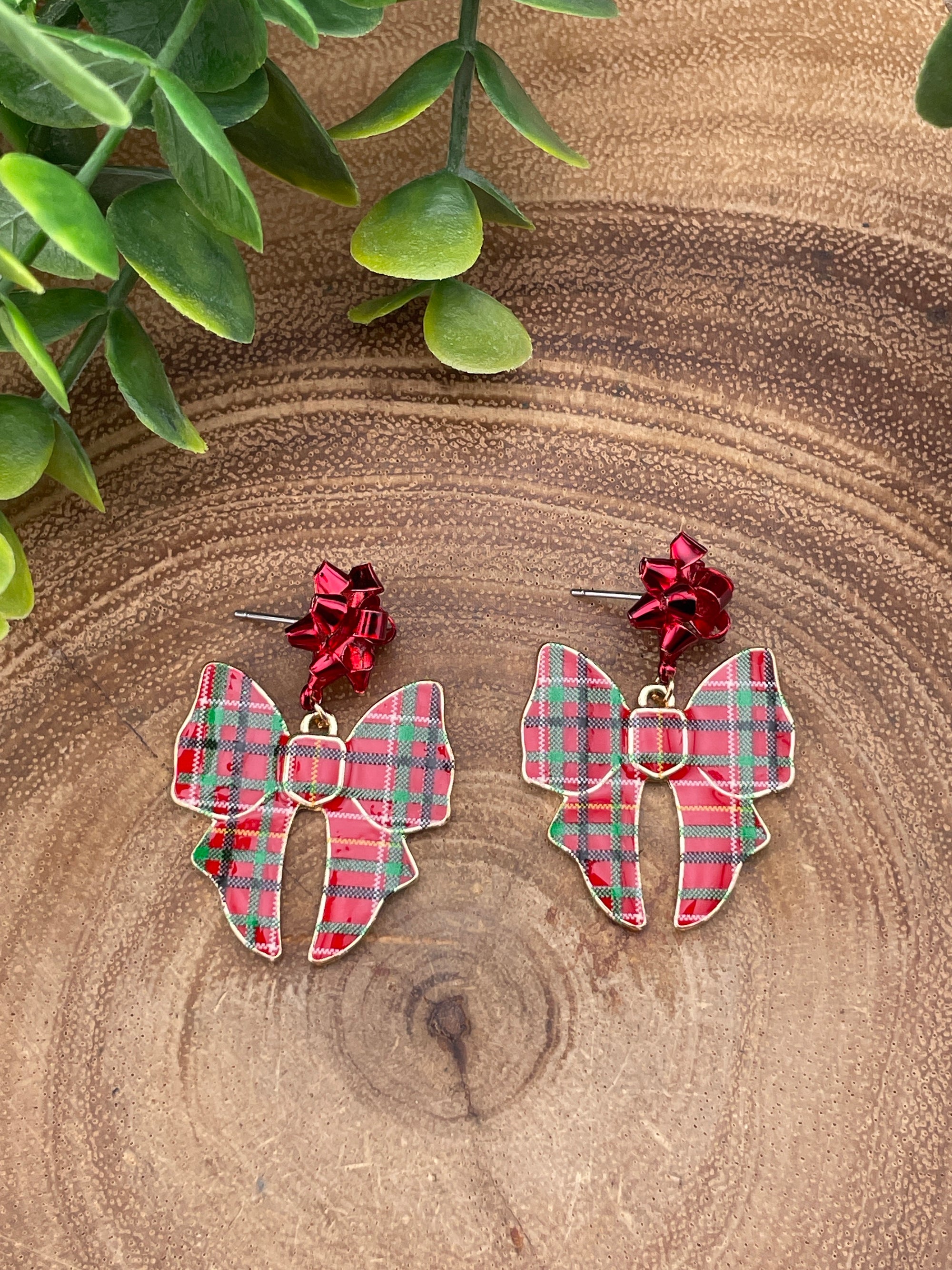 Red & Green Enamel Bow Earrings - 1.5"