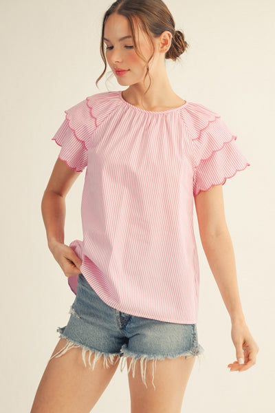 Misty Scallop Sleeve Striped Top