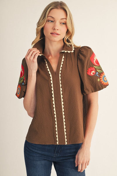 Woman wearing a brown blouse with floral embroidery on sleeves against a beige background