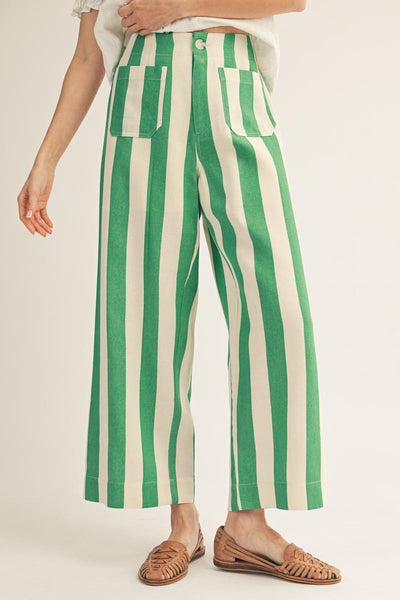 model wearing green stripe pants