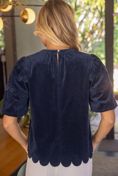 Scalloped Hemline Bubble Sleeve Solid Corduroy Top