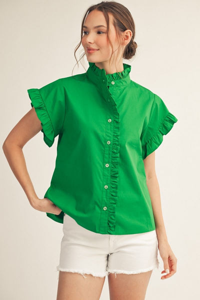 Susana Short Sleeve Ruffle Neck Button Front Top
