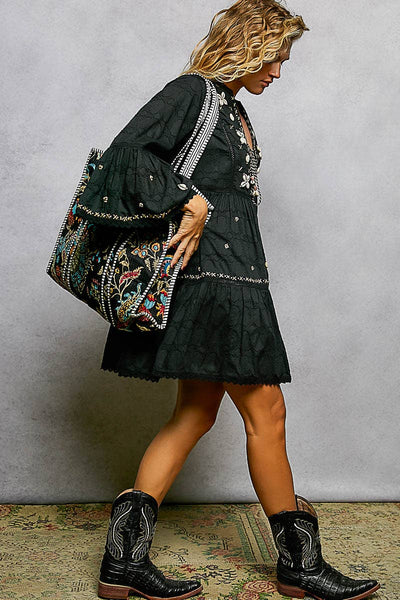 Quilted Striped Binding Roomy Fit Black Tote Bag