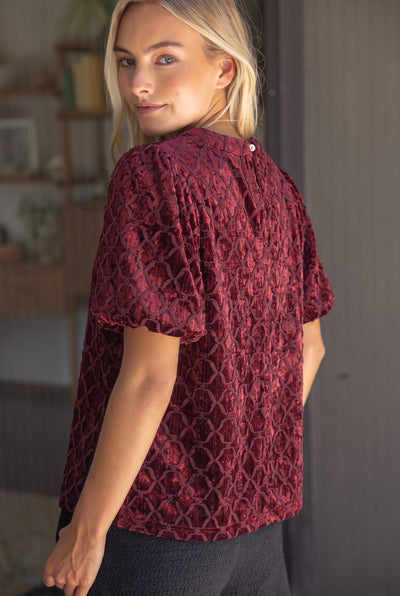 Trellis Trimmed Crushed Velvet Bubble Sleeve Top