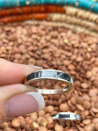 Waves of Grain Inlaid White Buffalo Sterling Ring - Size 8
