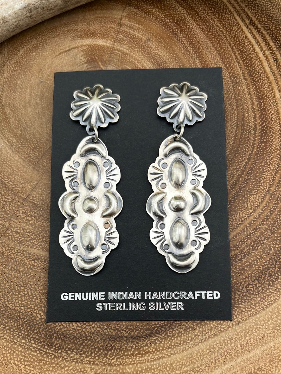 Kapster Scalloped Concho Post Stamped Drop Sterling Earrings - 2.75"