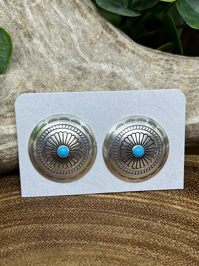Viking Smooth Edge Concho Stud Earrings With Center Stone - Turquoise