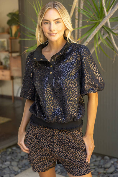 37329 Metallic Animal Print Snap Button Up Top