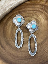 Clara Stamped Concho Post Earrings With Slim Oval Hoop Drop - Turquoise