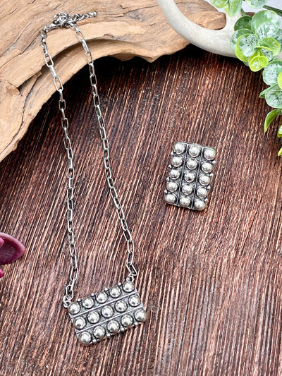 Silver necklace and ring on a wooden surface with a plant in the background