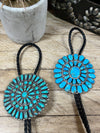 De Soto Leather Bolo Tie With Sterling Turquoise Zuni Cluster Slide - 19"
