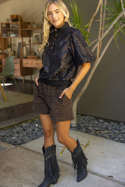 37329 Metallic Animal Print Snap Button Up Top