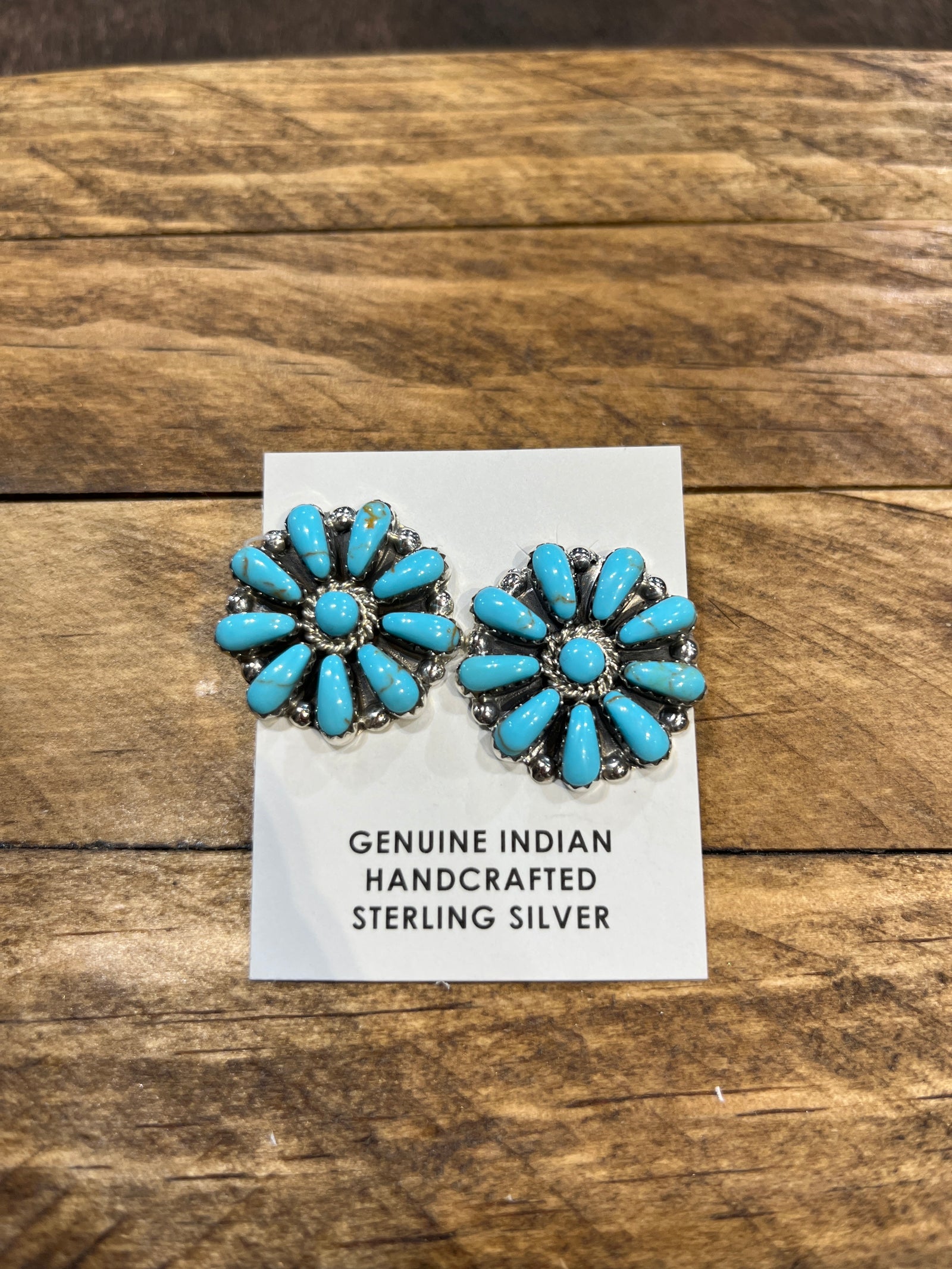Layla Raised Stone Roped Center Turquoise Flower Earrings - .8"