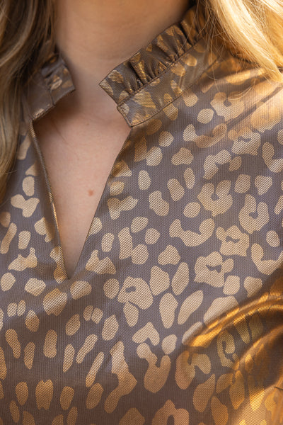 Ruffled Detail Faux Leather Leopard Print Shift Dress