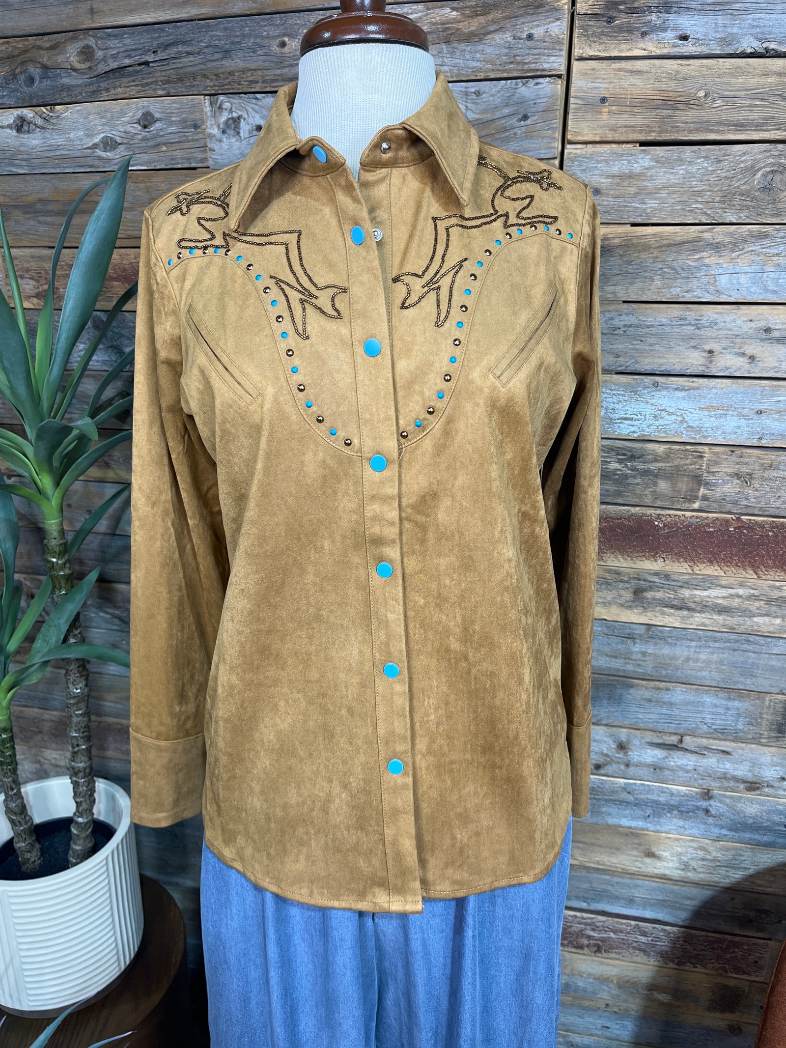 Zoe Suede Western Embellished Yoke Snap Up Blouse
