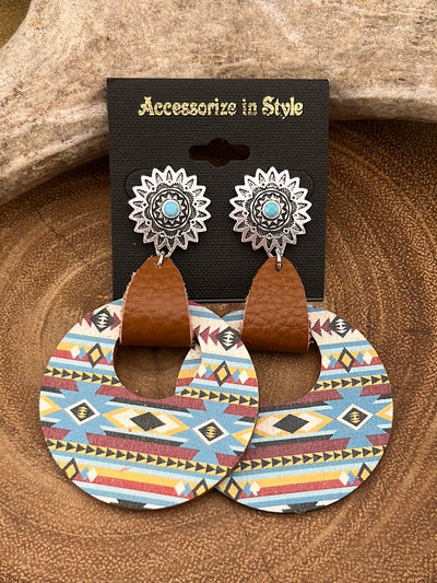 Skagit Fashion Concho Leather & Wood Hoop Earrings