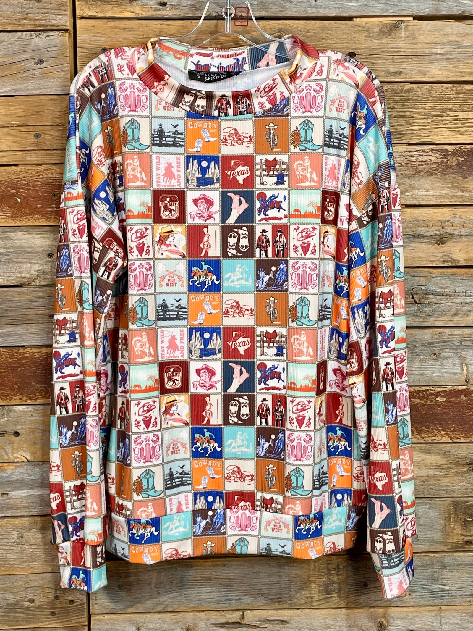 Multi Collage Western Printed Long  Sleeve Top