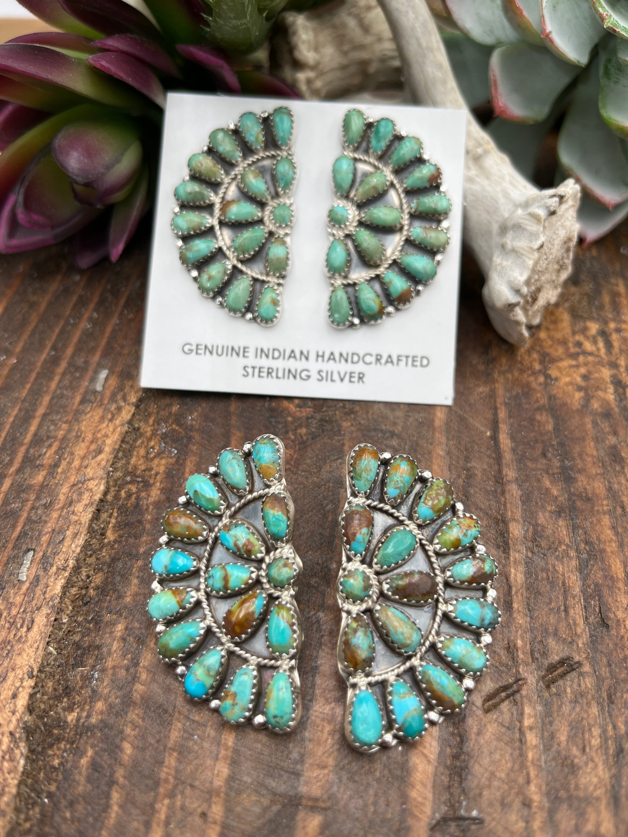 Northumberland Turquoise Zuni 1/2 Moon Cluster Earrings - 1.5"