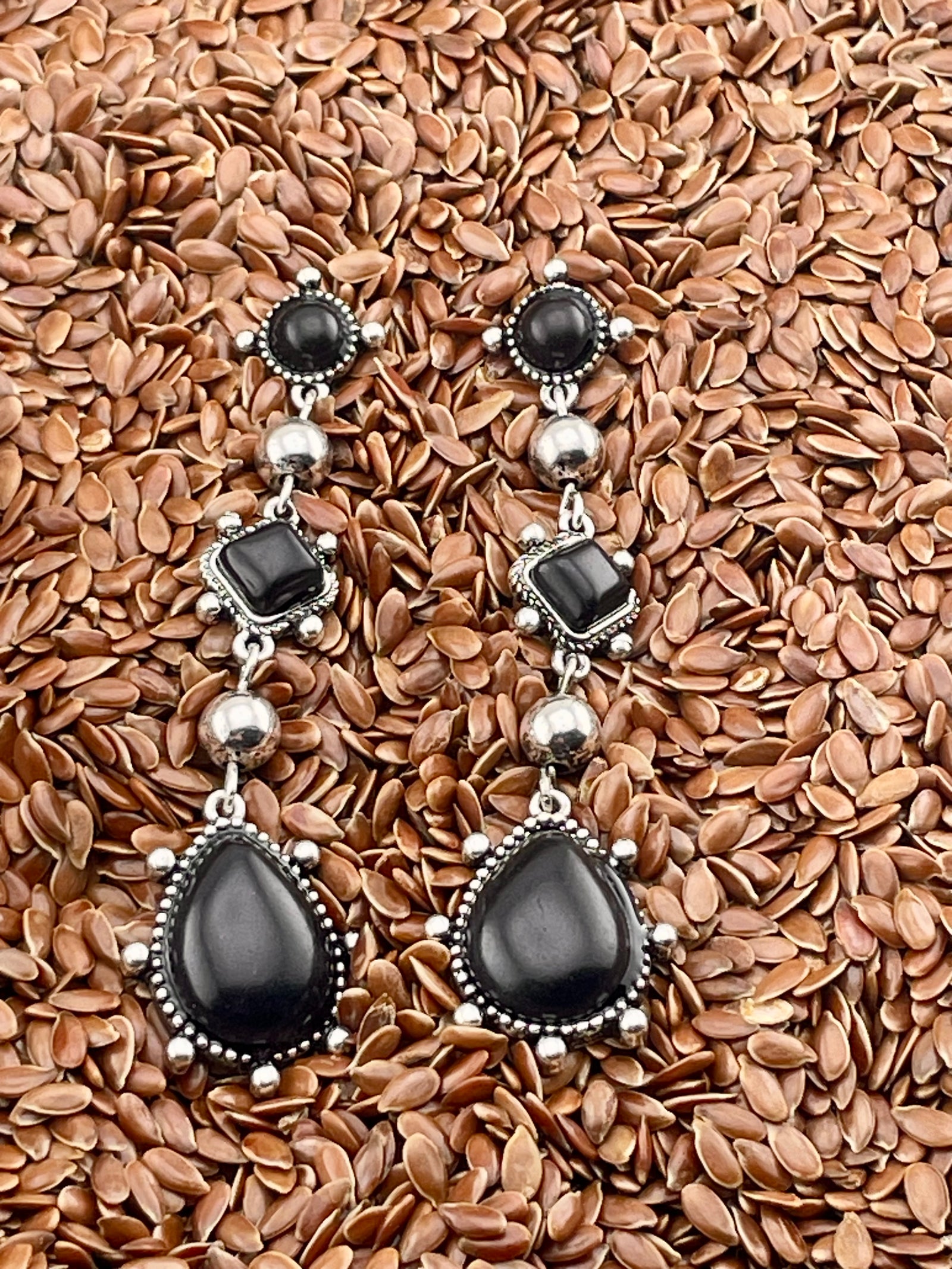 Altera 5 Link Stone & Silver Ball Earrings - Black