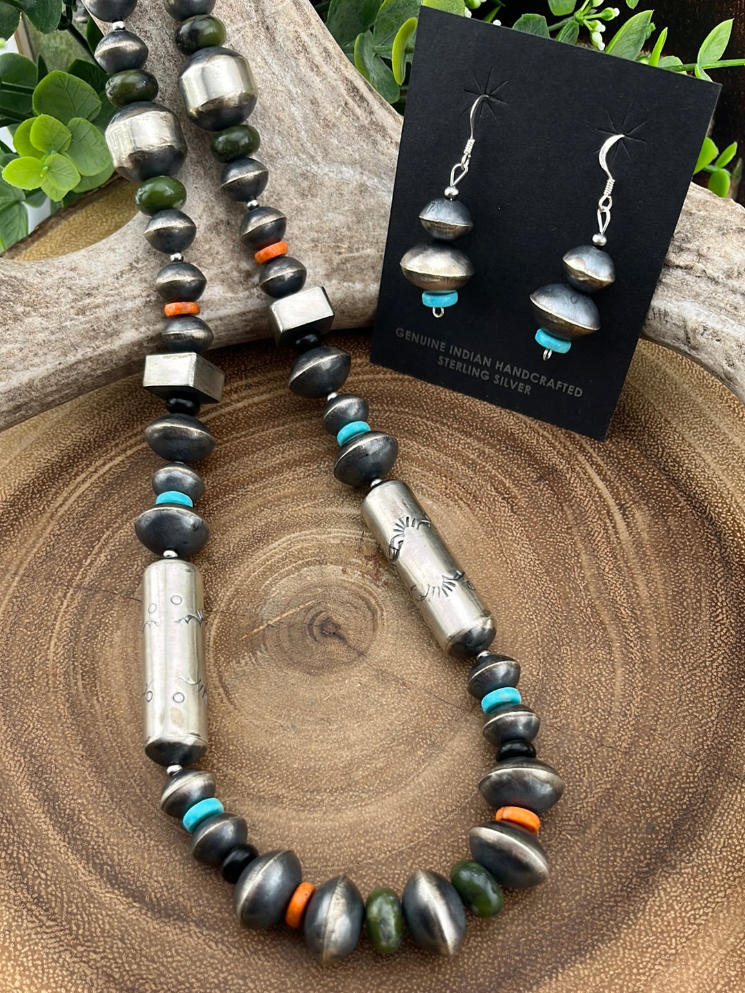 Jojo Sterling Silver Barrel & Saucer Bead Necklace & Earring Set