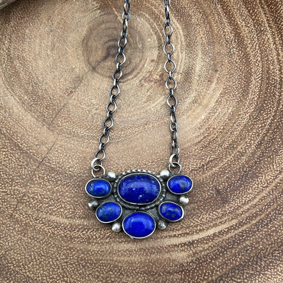 Lapis Sterling Link Chain Half Cluster Stone Pendant