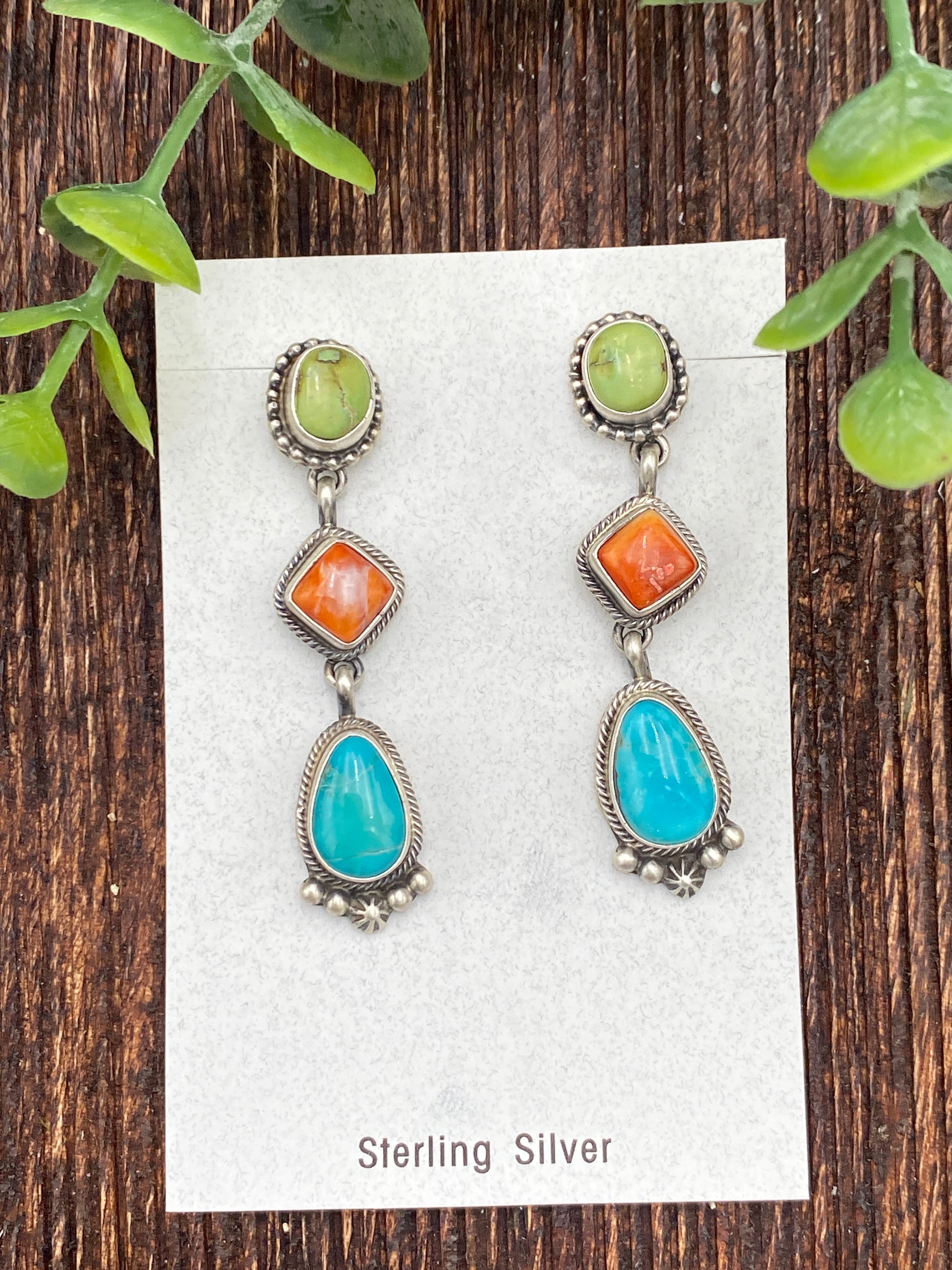 Caper Triple Link Stone Sterling Earrings - 2.25"