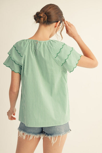 Misty Scallop Sleeve Striped Top