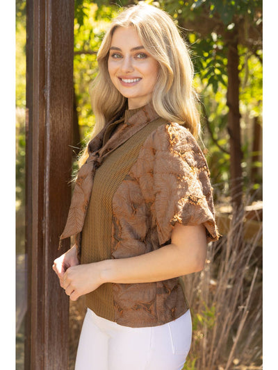 Tie Neck Mixed Textured Bubble Sleeve Top