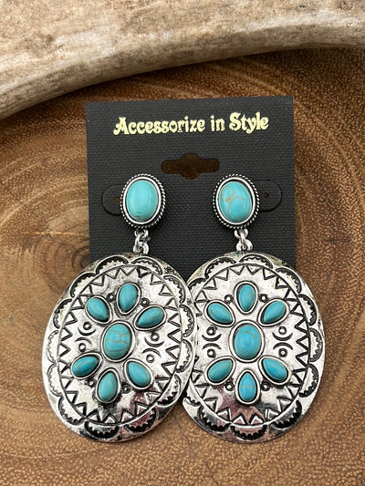 Indigo Fashion Roped Stone Post Stamped Oval Concho Drop Earrings - Turquoise