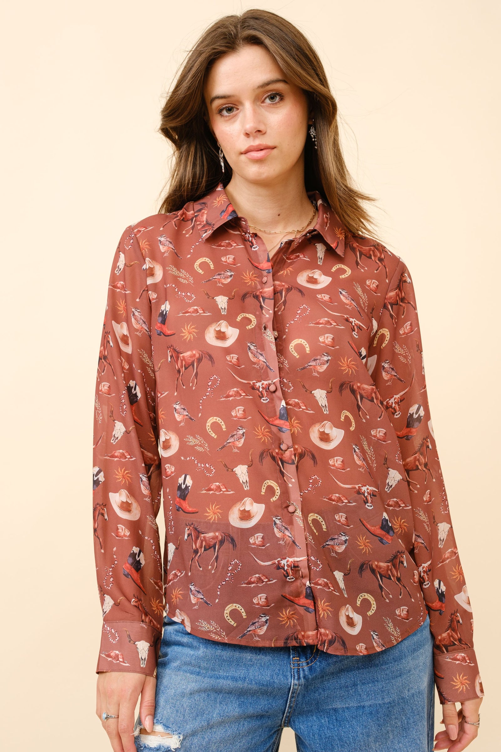 Sofia Western Print Chiffon Button Up Blouse