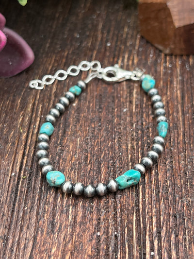 Mabank Sterling 4mm Navajo & Tumbled Turquoise Bracelet - 8"