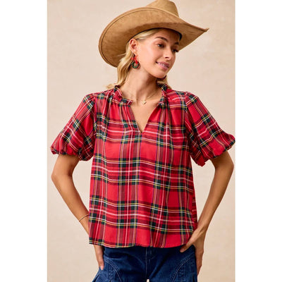 Tartan Plaid Puff Sleeve Blouse