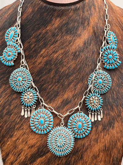 Fortega Sterling Link Chain Turquoise Cluster Charm Necklace - 22"